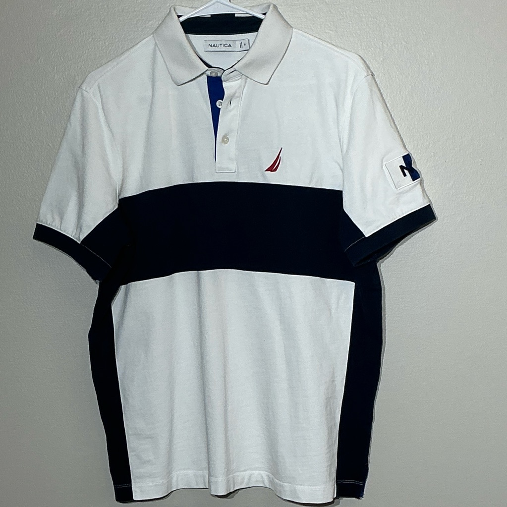 Nautica Men's Medium White And Navy Polo Shirt